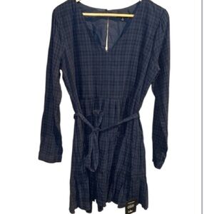 Lulus Plaid Dress lined v neck navy keyhole sash long sleeve NEW size XL